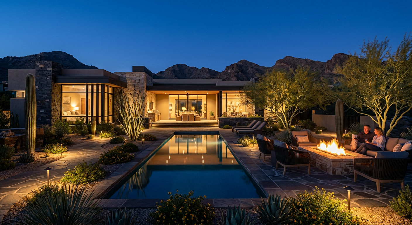 High End Backyard Design Ideas for Scottsdale Luxury Residences | Luxury Landscape Architecture Scottsdale & Phoenix | Waibel & Associates Photorealistic evening scene in a Paradise Valley luxury backyard, with subtle pathway lights, softly illuminated desert t...