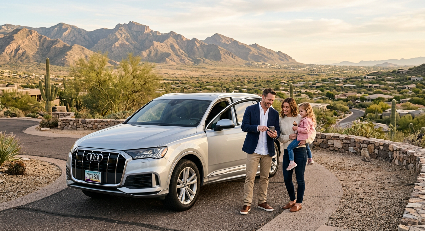 Photorealistic family and working professional standing beside an SUV at a Scottsdale neighborhood overlook, reviewing a s...