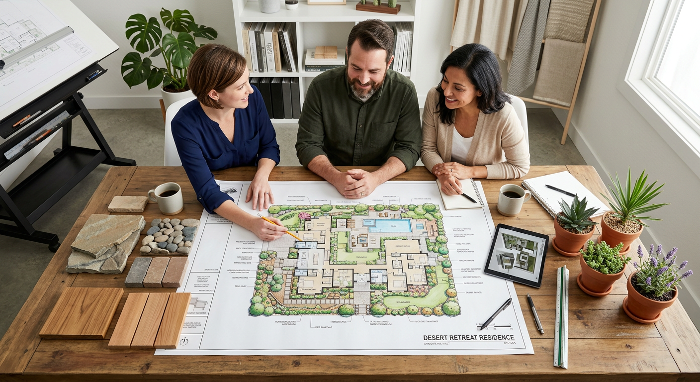 How to Choose Landscape Architect Phoenix for Your Custom Home Project | Luxury Landscape Architecture Scottsdale & Phoenix | Waibel & Associates Photorealistic overhead view of a landscape architect and homeowners reviewing a detailed residential site plan on a large...