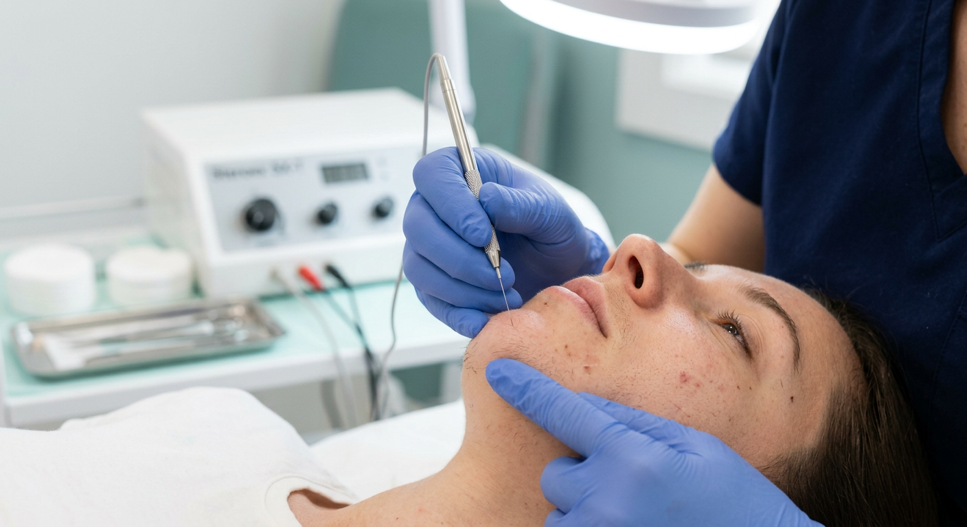 Electrolysis Permanent Hair Removal Phoenix: A Complete Guide | Electrolysis Permanent Hair Removal in Phoenix | Senza Pelo Med Spa Photorealistic macro view of an electrologist’s gloved hands performing electrolysis on a client’s chin with a fine probe,...