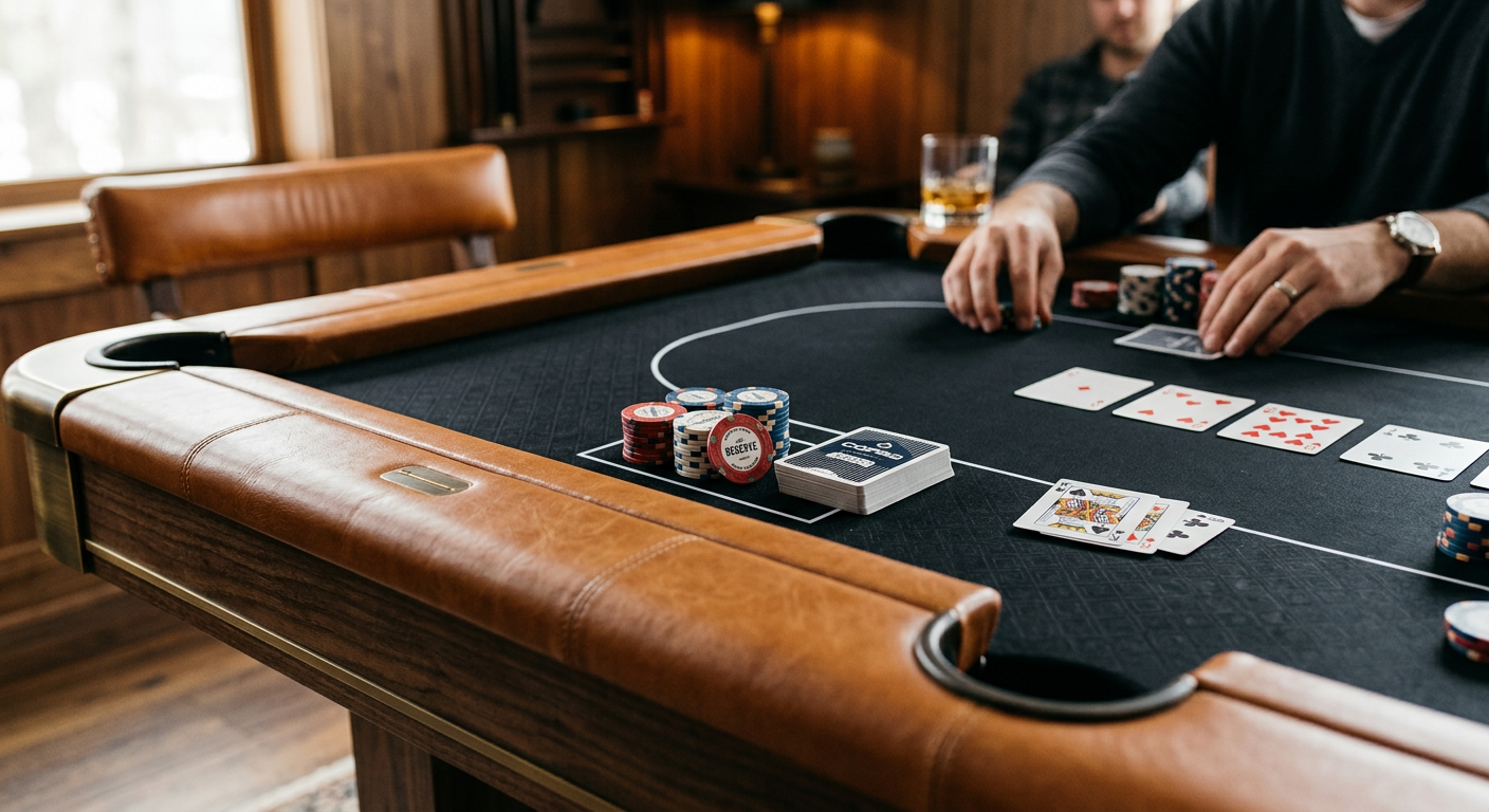 Photorealistic close interior photograph of padded caramel leather top rails on a rectangular six-pocket pool table, a thi...