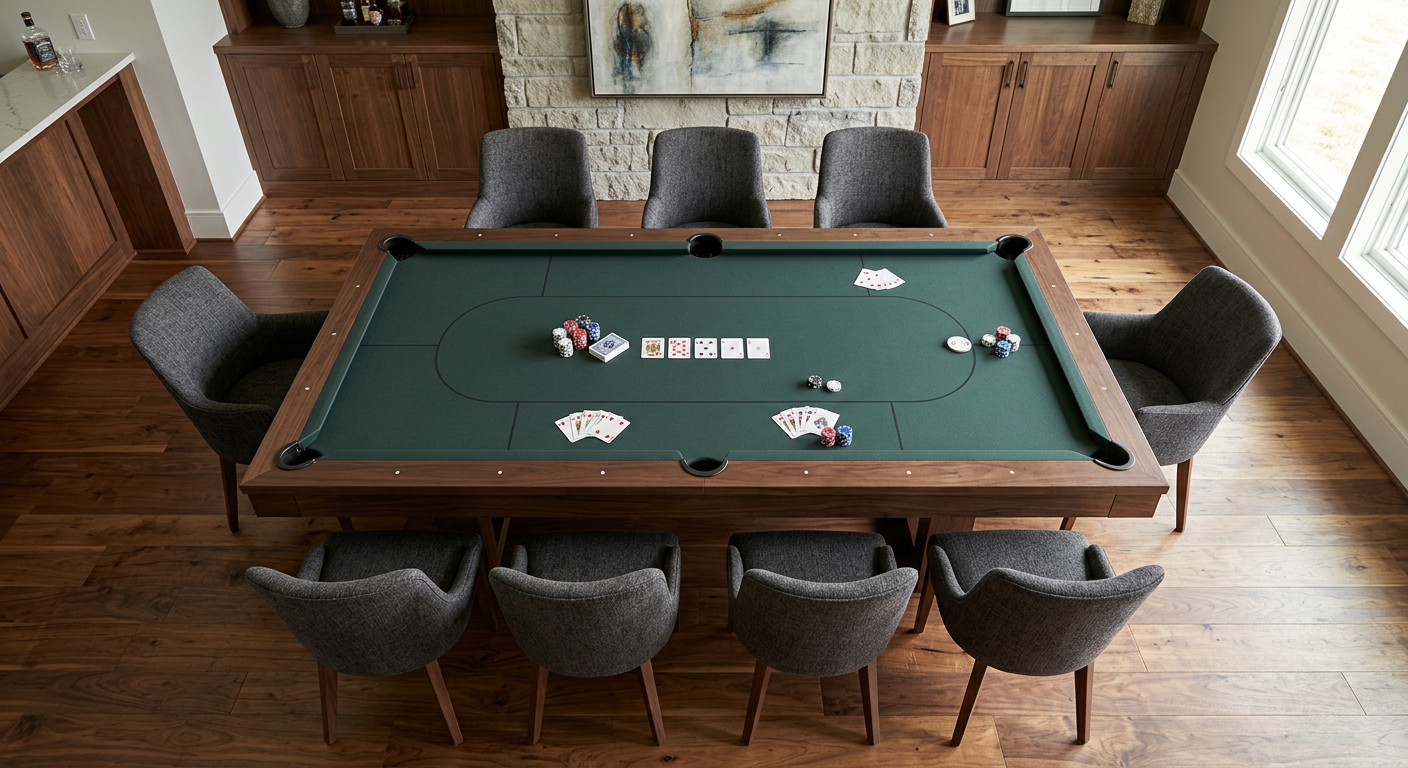 Photorealistic overhead architectural interior photograph of one rectangular six-pocket pool table used for poker, with a ...