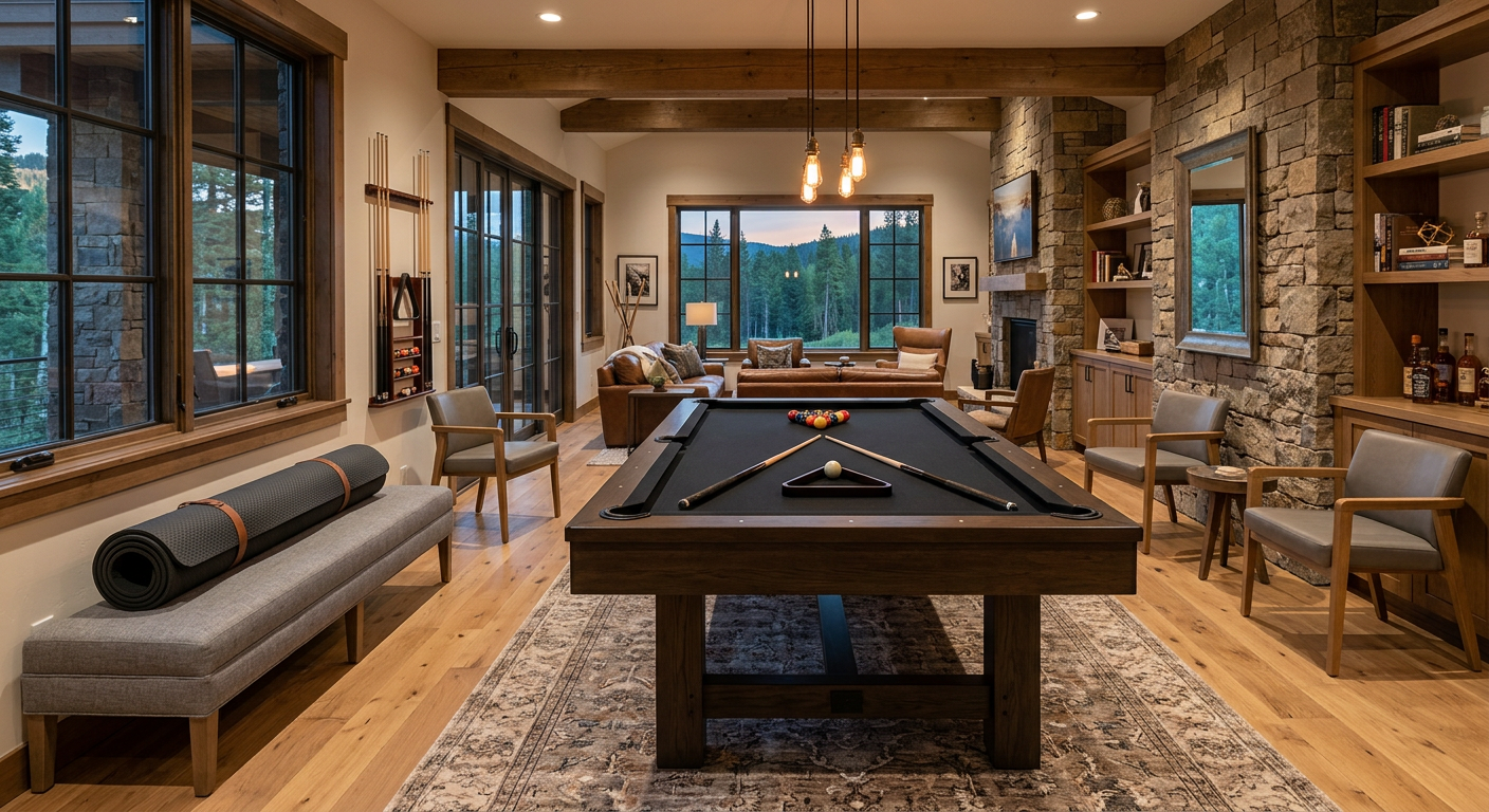 Photorealistic wide-angle luxury game room photography showing one rectangular six-pocket pool table returned to billiards...