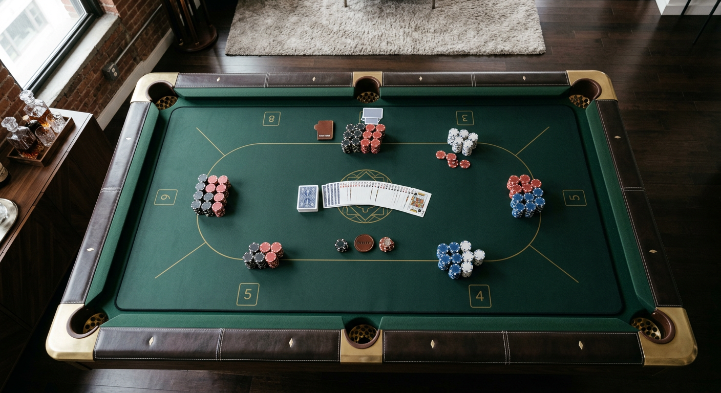 Luxury Pool Table Poker Table Combo New York for Refined Homes | Luxury Custom Pool Tables | Brilliant Billiards Close overhead view of a custom rectangular six-pocket pool table in a sophisticated New York loft, showing the thin remov...