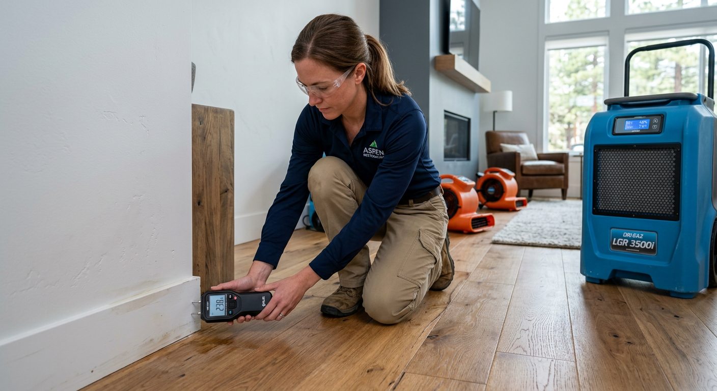 Photorealistic close-up of a restoration technician in a clean Aspen home using a moisture meter along a drywall baseboard...