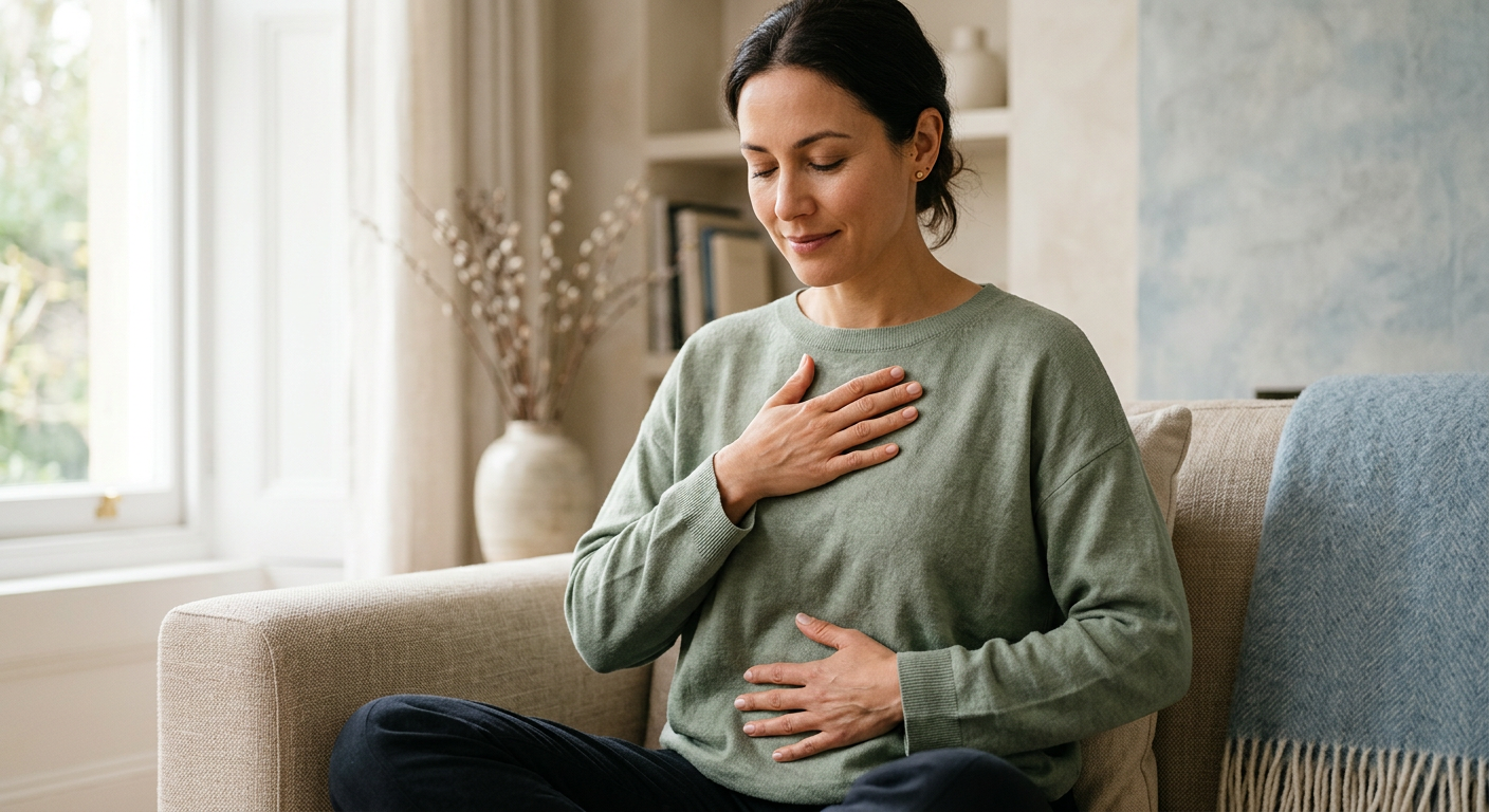 A close-up editorial illustration of a person seated comfortably with one hand on their chest and one on their abdomen, fo...