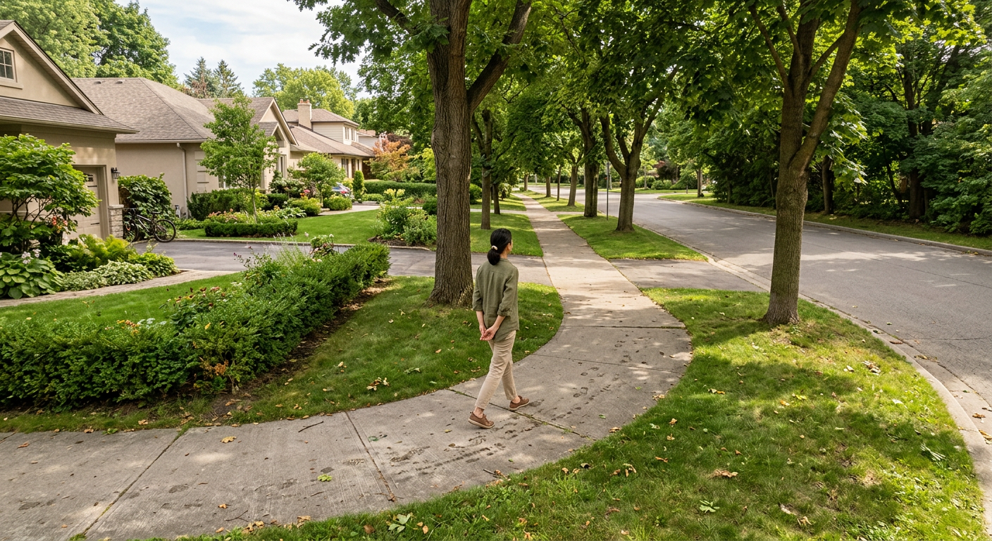 An overhead photorealistic scene of a person taking a slow mindful walk along a quiet tree-lined neighborhood sidewalk, vi...