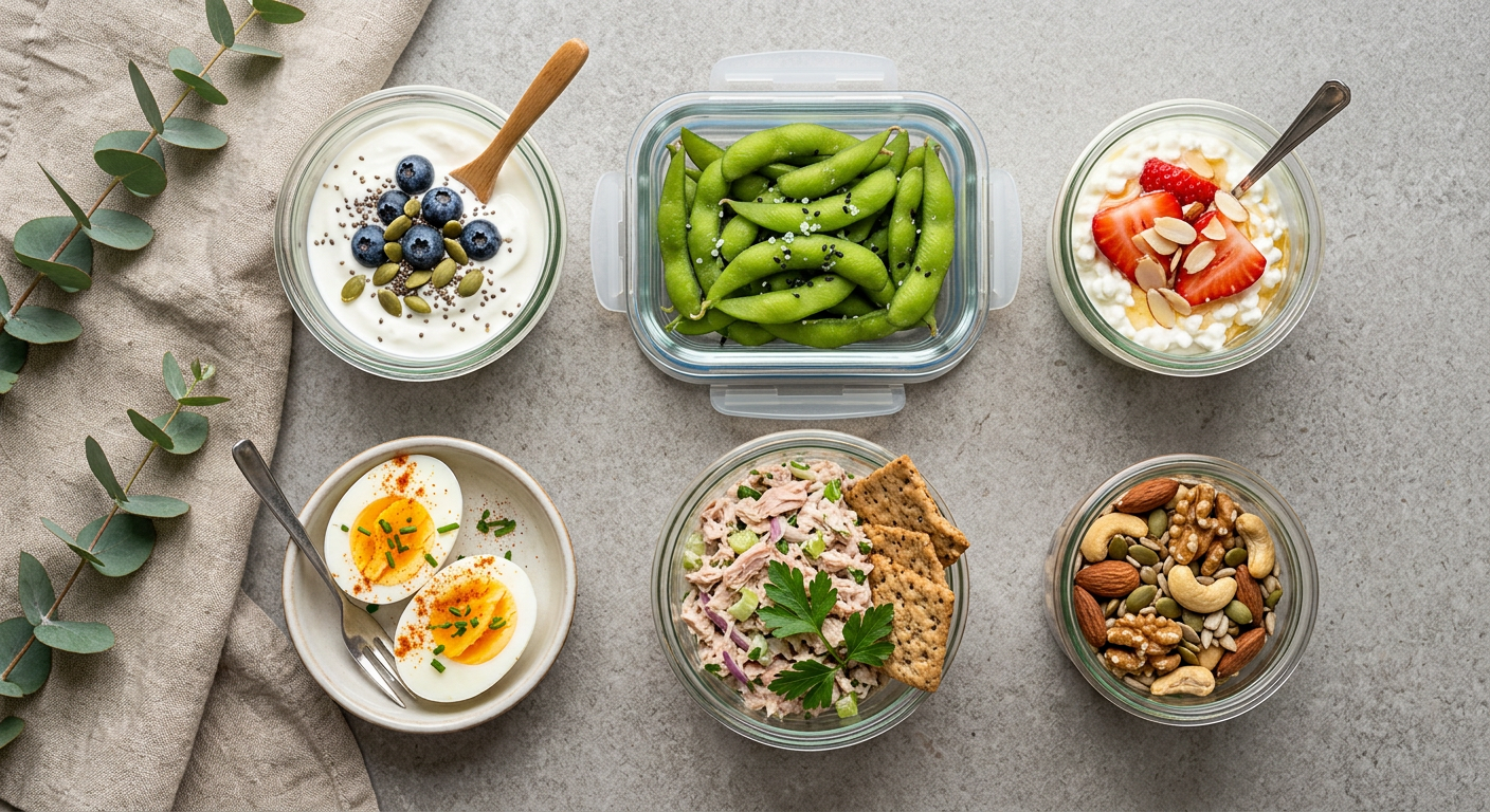 Clean modern food photography showing six high-protein snacks arranged in small glass bowls and meal-prep containers, incl...