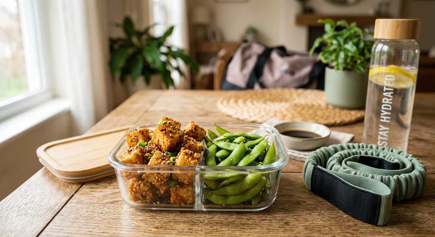 Photorealistic close-up of golden air-fried tofu bites and steamed edamame in a reusable meal-prep container beside a resi...