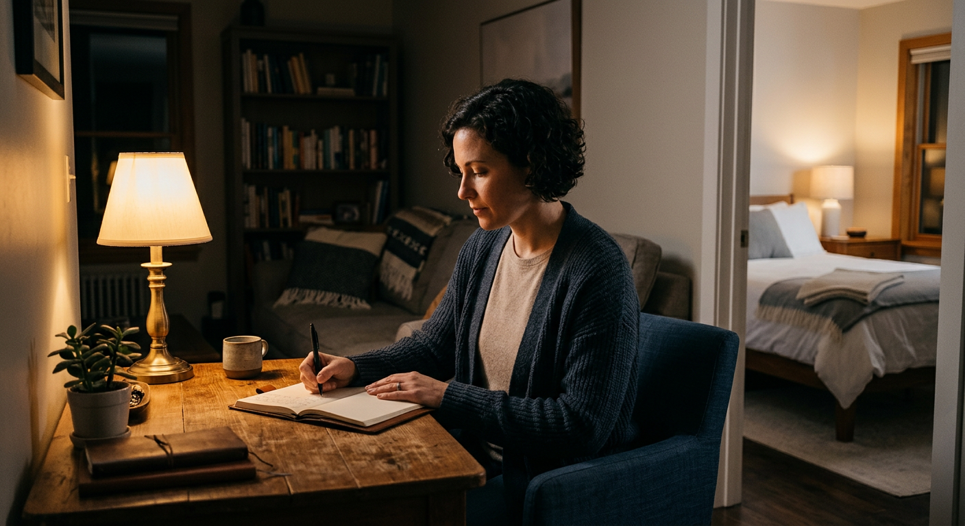 Editorial lifestyle photograph of an adult sitting quietly in a dim living room at night, journaling beside a small warm l...