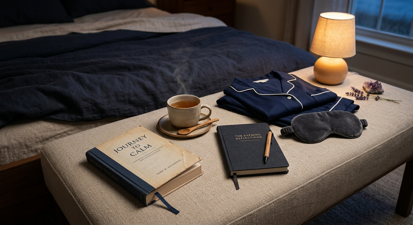 Warm, photorealistic overhead view of a peaceful evening routine arranged on a soft bedroom bench, including a paperback b...
