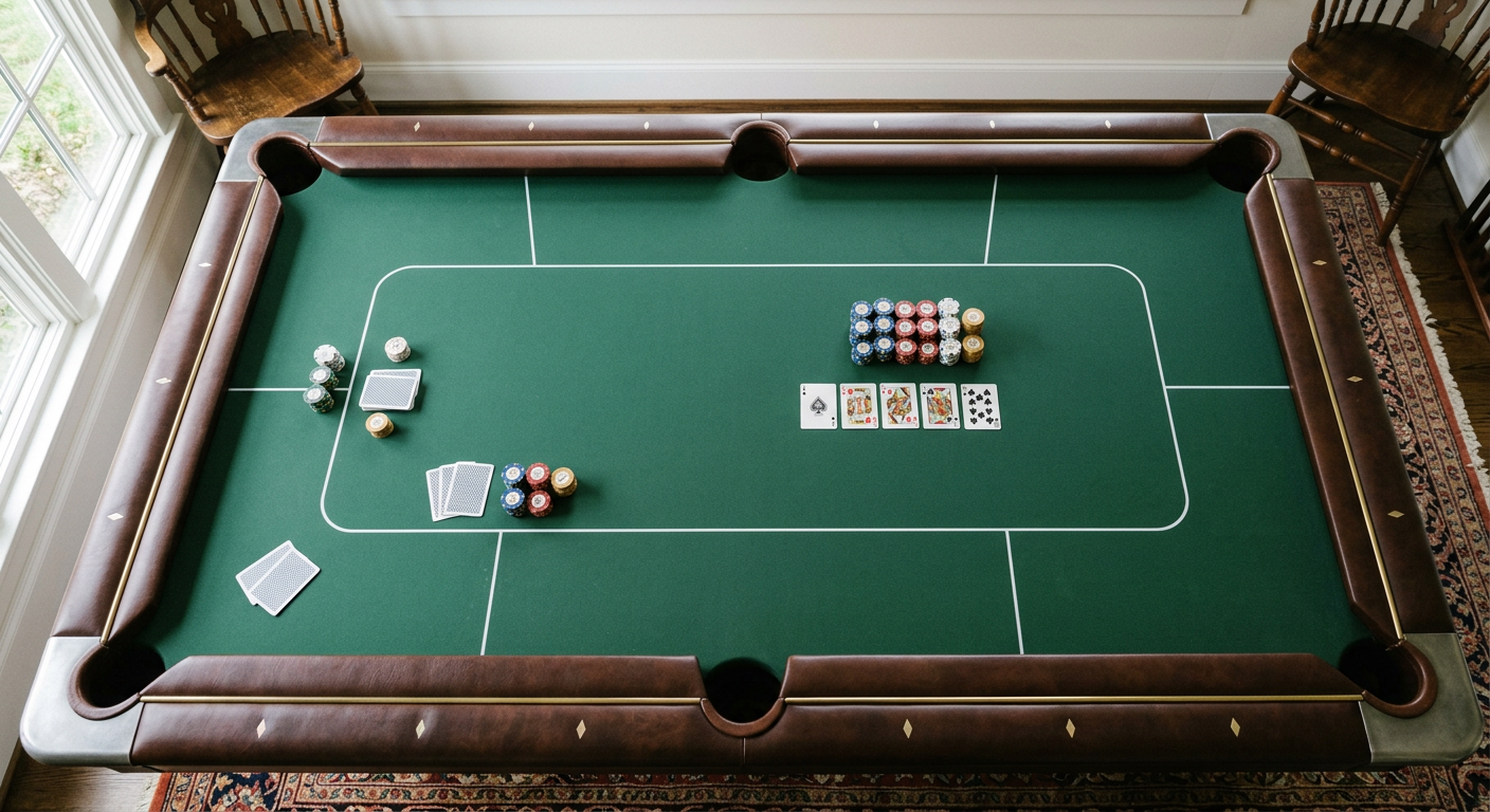 Photorealistic close overhead architectural interior photograph of a rectangular six-pocket luxury pool table with a thin ...