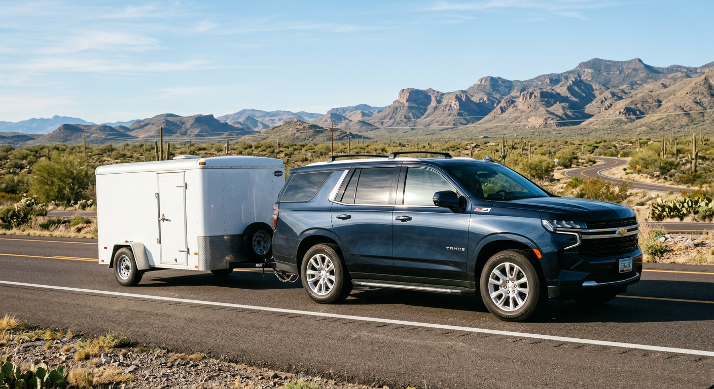 A photorealistic dark blue Chevrolet Tahoe-style full-size SUV towing a small enclosed utility trailer on an open Arizona ...