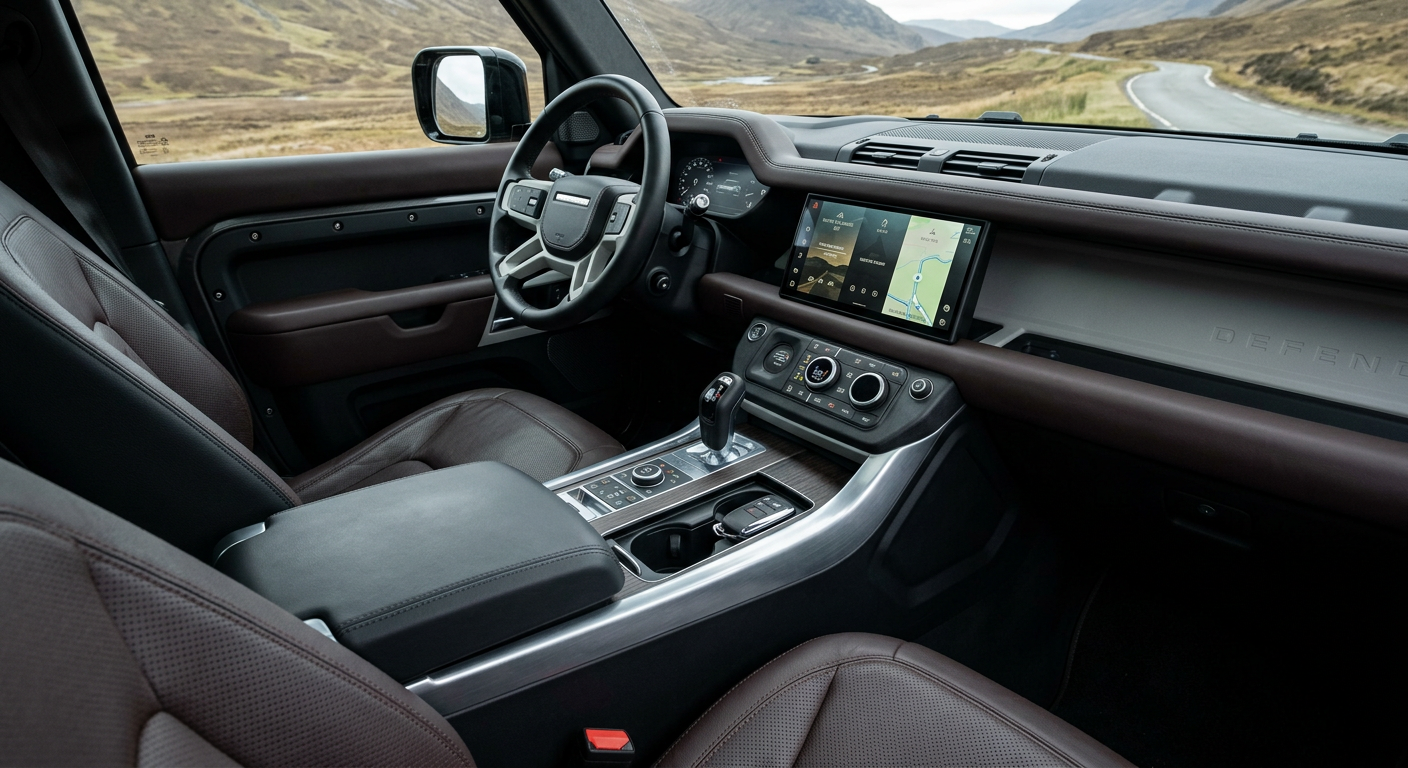 A photorealistic close-up of a premium SUV interior showing clean leather front seats, large center touchscreen, four-whee...