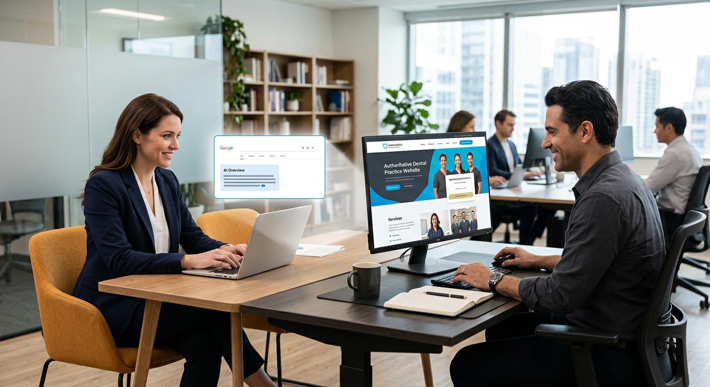 Google AI Overviews Optimization Strategy for Qualified Leads 2 Modern illustrative scene showing a clear path from a customer question to a Google AI Overview, then to an authoritative ...
