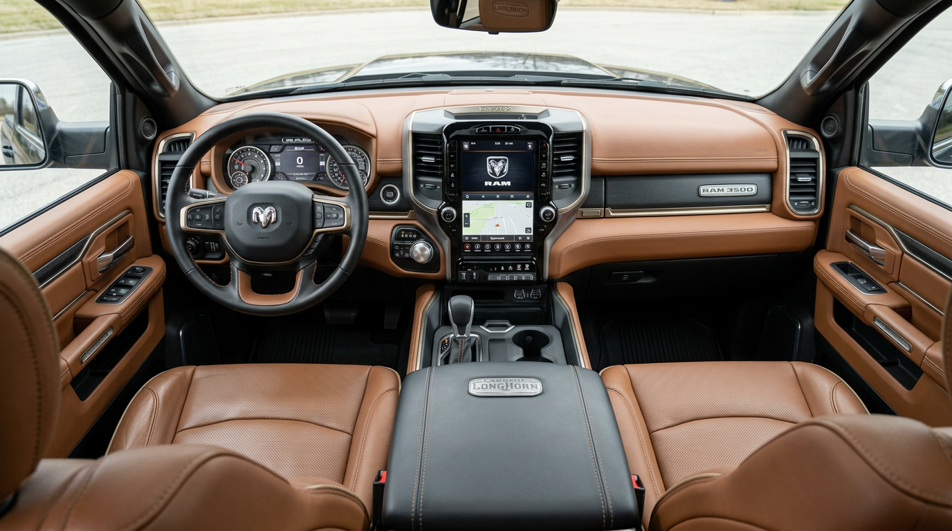 Close-up of a clean Ram 3500 Cummins dually interior showing leather seats, dashboard, steering wheel, center console, and...