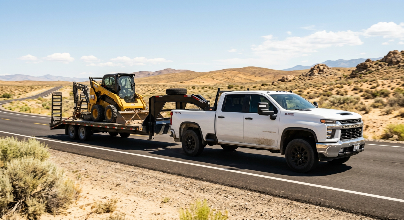 A white Chevrolet Silverado 2500HD Duramax towing a gooseneck equipment trailer on an open desert highway, photorealistic ...