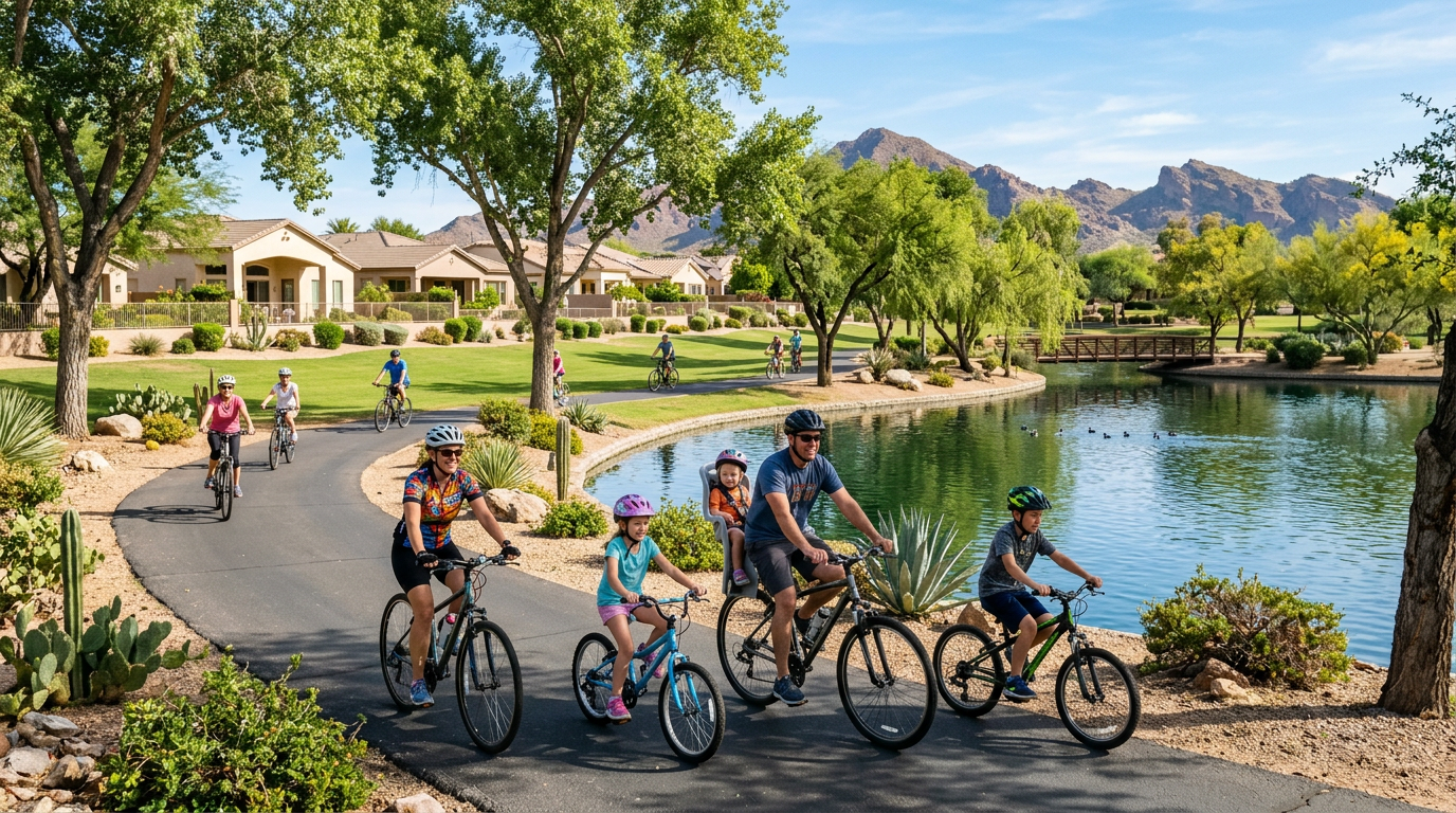 Best Scottsdale Schools and Neighborhoods for Families Guide| Realtors in Park Scottsdale | 85250 Real Estate Agents Photorealistic wide-angle scene of families biking beside a Scottsdale greenbelt, with mature trees, a small lake, desert ...