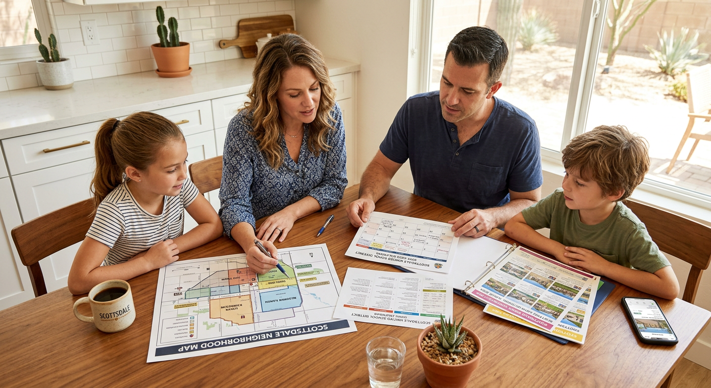 Best Scottsdale Schools and Neighborhoods for Families Guide| Realtors in Park Scottsdale | 85250 Real Estate Agents Photorealistic overhead view of a Scottsdale family comparing a printed neighborhood map, school calendar, and home listin...