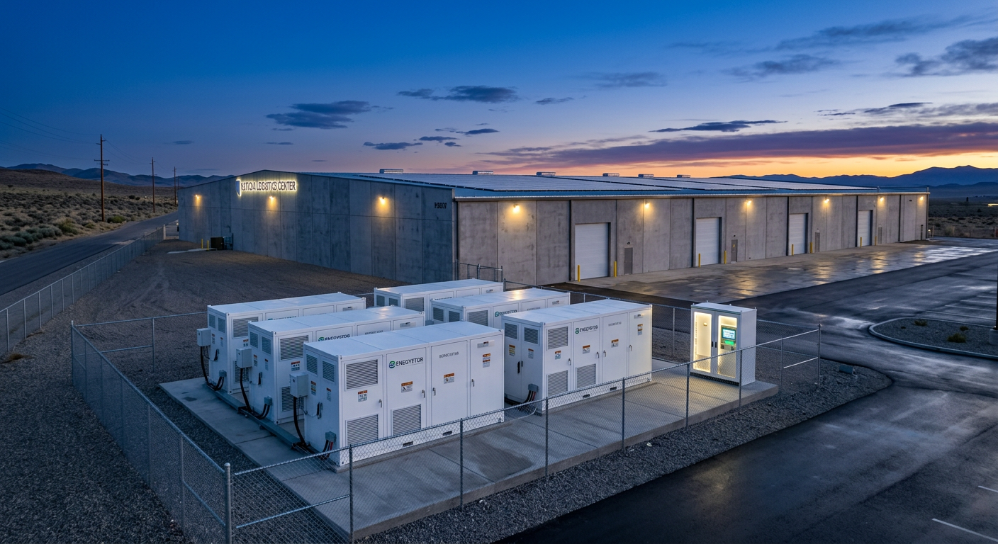 Independent Solar | Trusted Commercial Solar Installer Nevada: A Buyer Guide 2026 Modern photorealistic commercial battery storage system installed beside a Nevada warehouse at dusk, solar panels visible ...