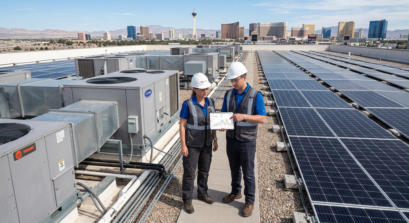 Independent Solar | Trusted Commercial Solar Installer Nevada: A Buyer Guide 2026 Photorealistic overhead view of a commercial facility manager and solar engineer inspecting a flat rooftop array beside HV...