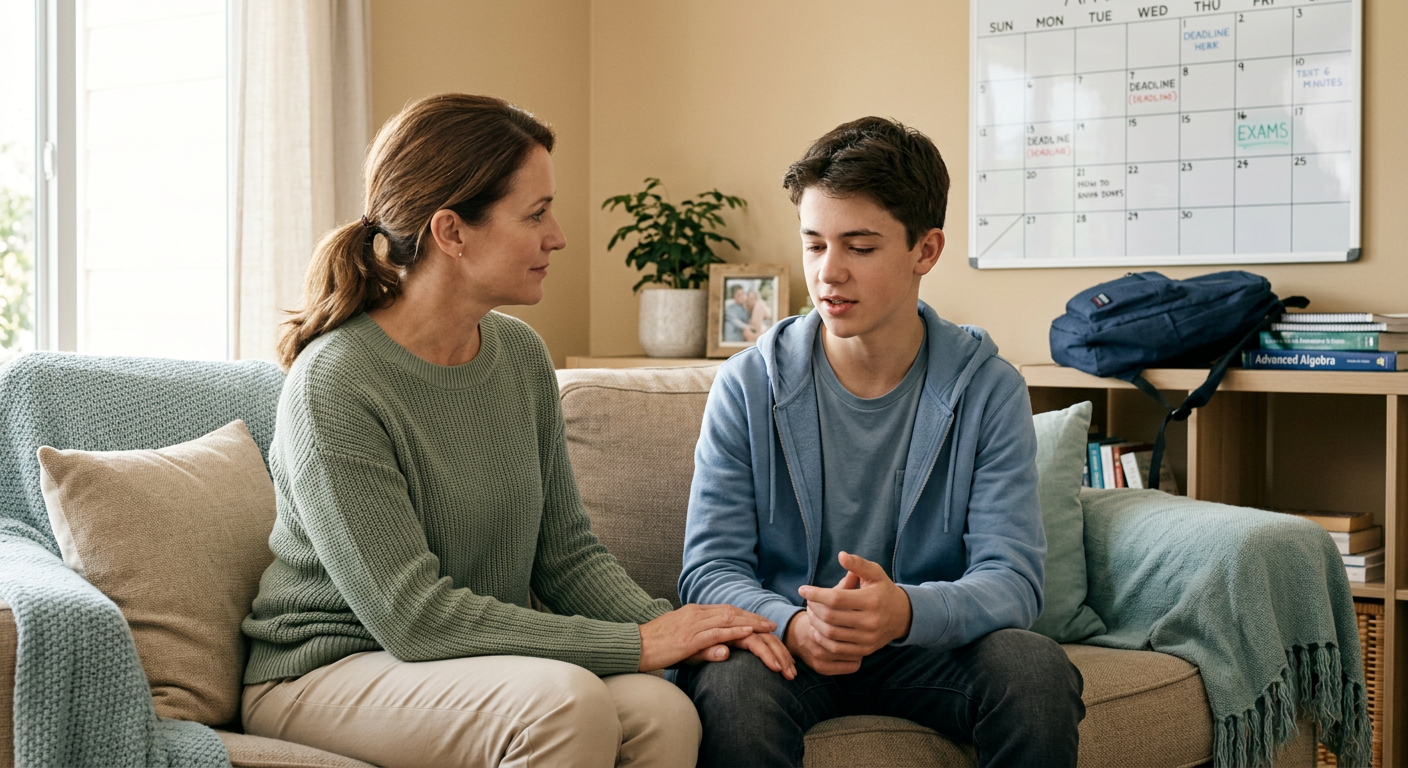 Compassionate modern illustration of a parent and teen talking side by side on a living room couch, with subtle visual cue...