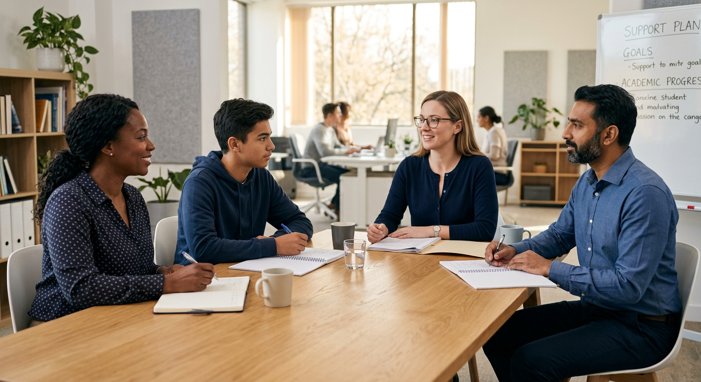 Photorealistic scene of a diverse school support meeting with a parent, teenager, school counselor, and clinician seated a...
