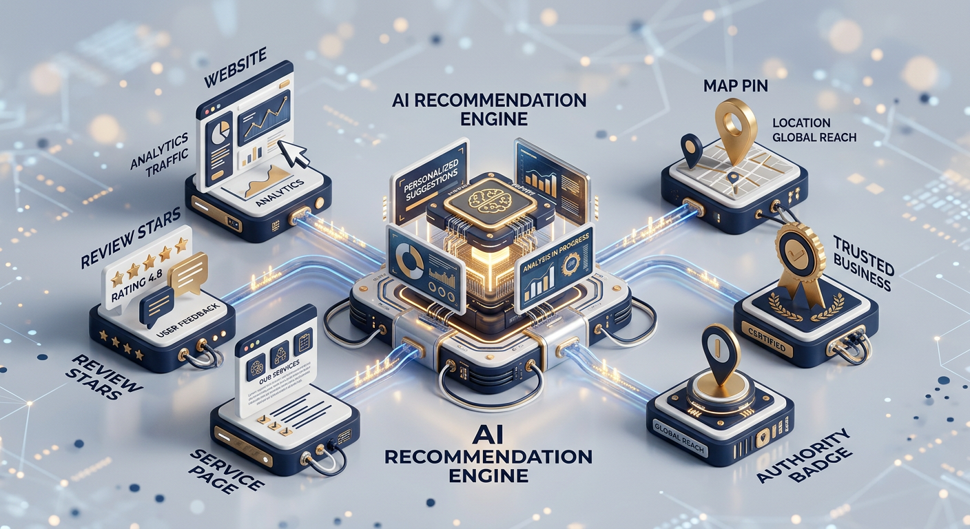 Modern isometric illustration of interconnected business signals flowing into an AI recommendation engine, including a web...