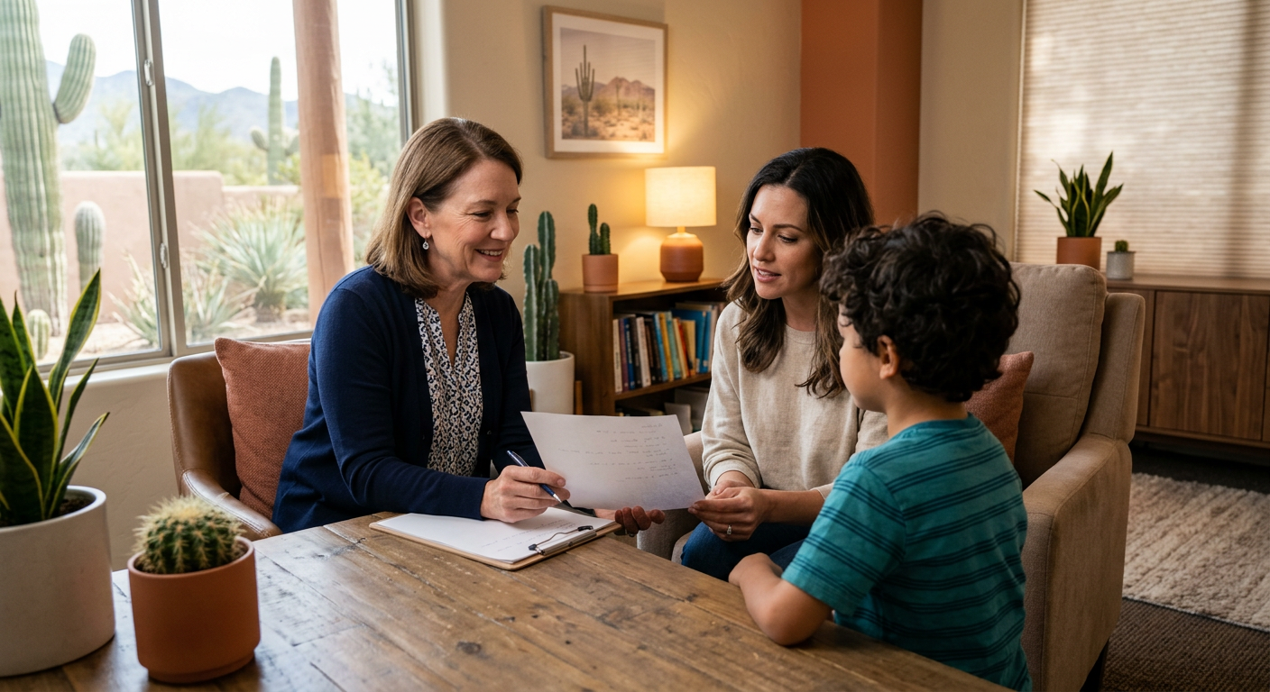 Photorealistic family-centered clinical consultation in a calm Scottsdale office, child and parent seated with a compassio...
