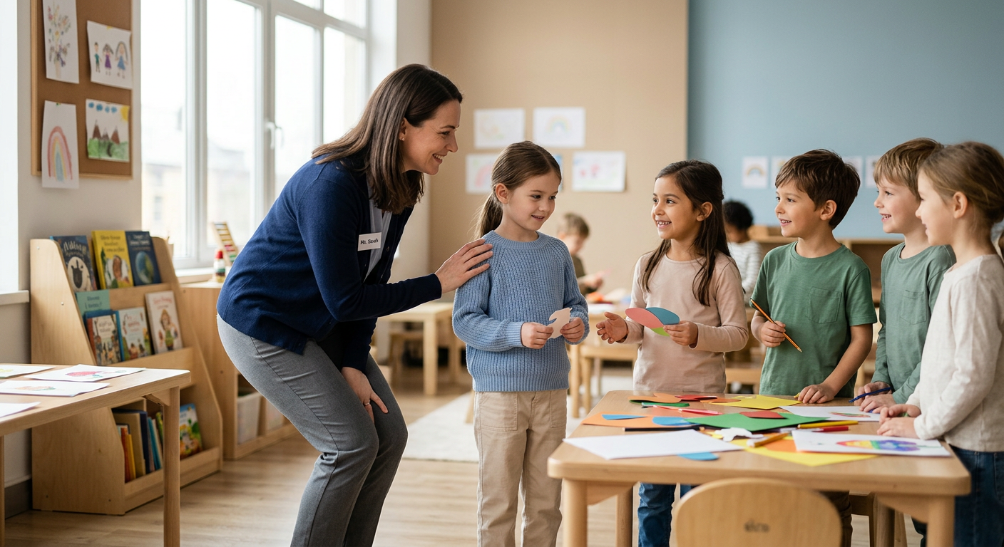 Warm, modern illustration of a child standing near a small group of classmates during a school activity while a supportive...