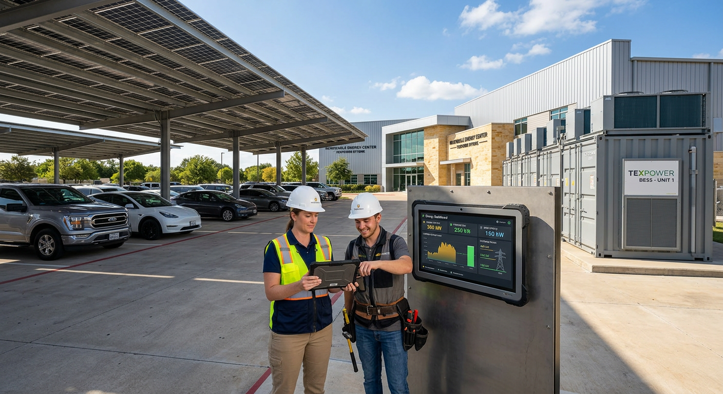 Photorealistic Texas commercial facility with solar canopy parking and battery storage equipment, while an operations mana...