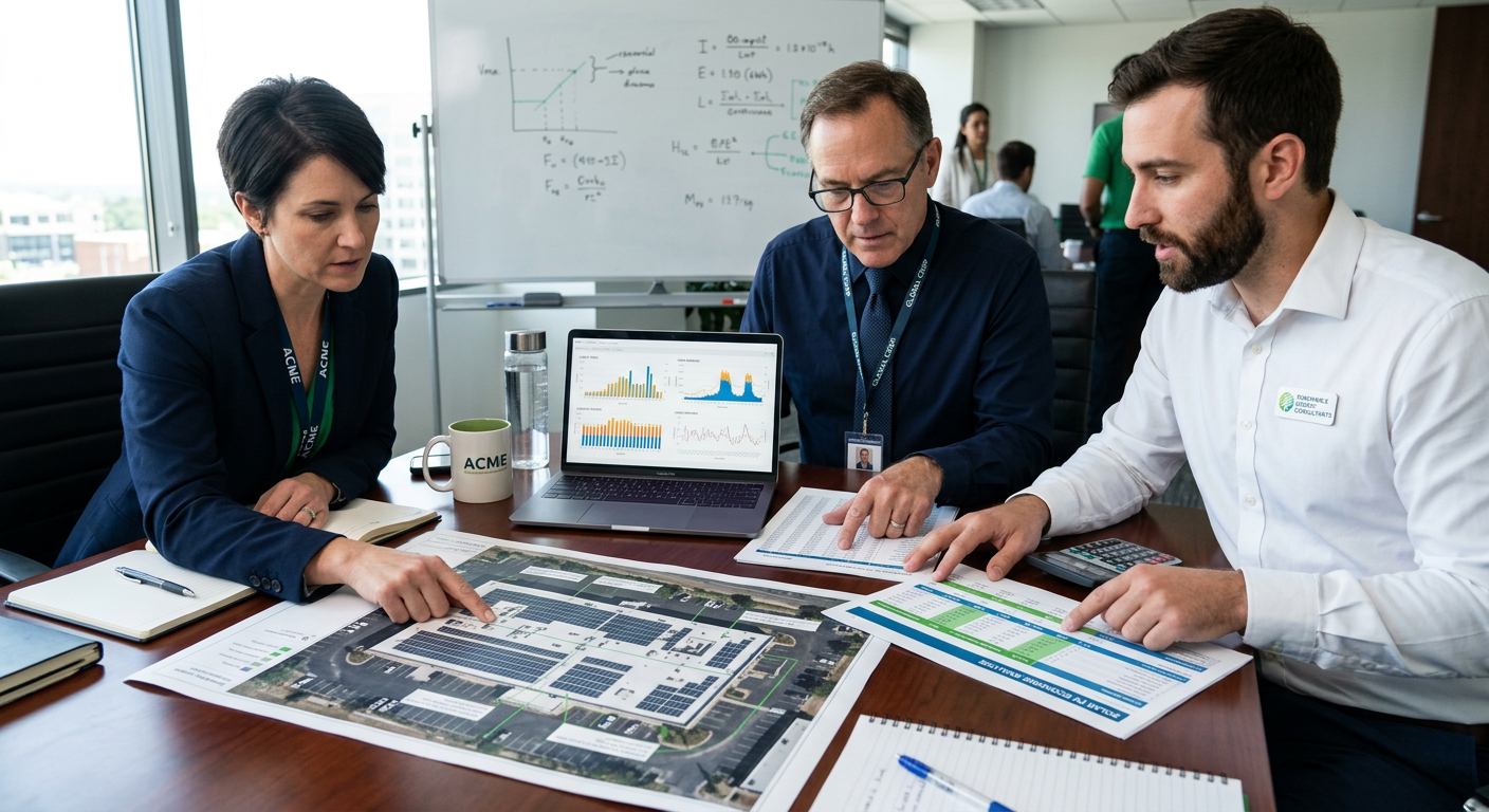 Photorealistic close-up of a commercial energy planning meeting, with a facilities manager, accountant, and solar advisor ...