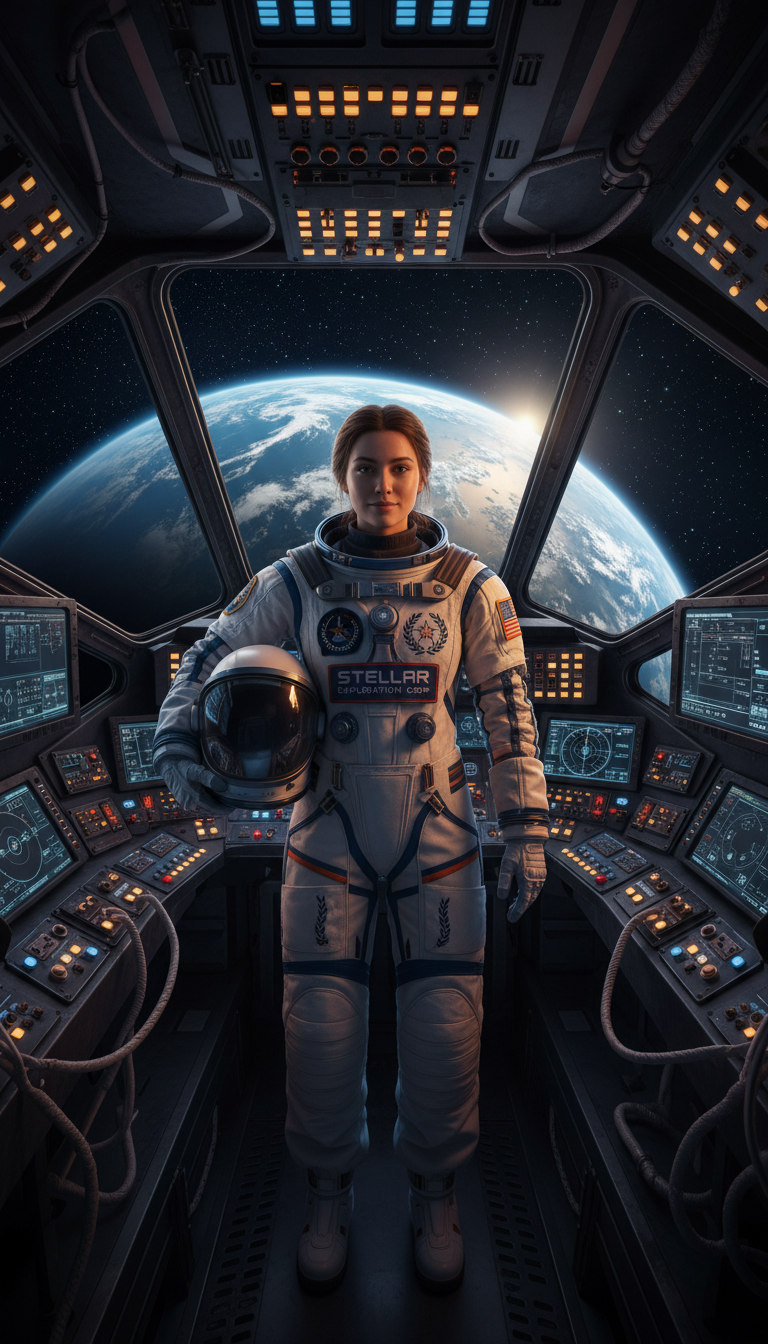 Tânără femeie ca astronaut, într-un cockpit de navă spațială, generat cu AI