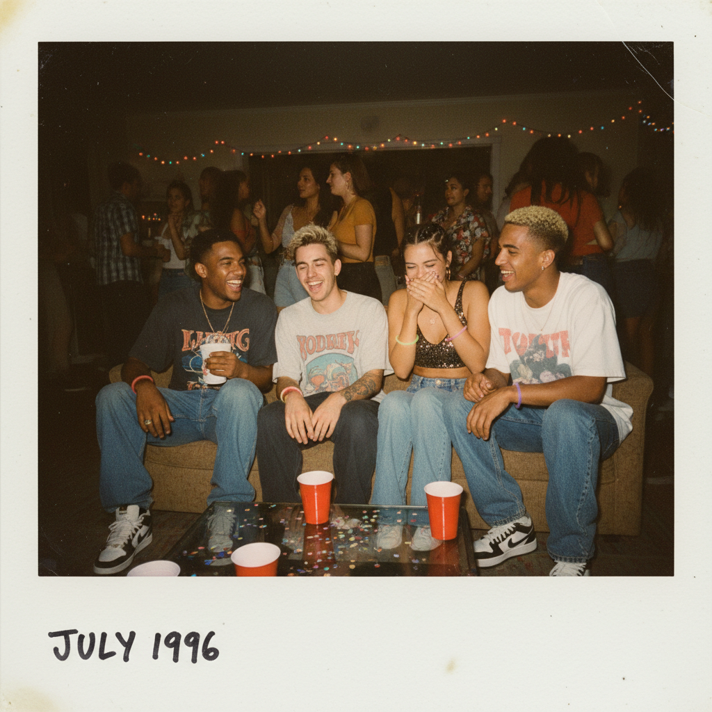 Grup de prieteni la o petrecere, stil polaroid retro, generat cu AI