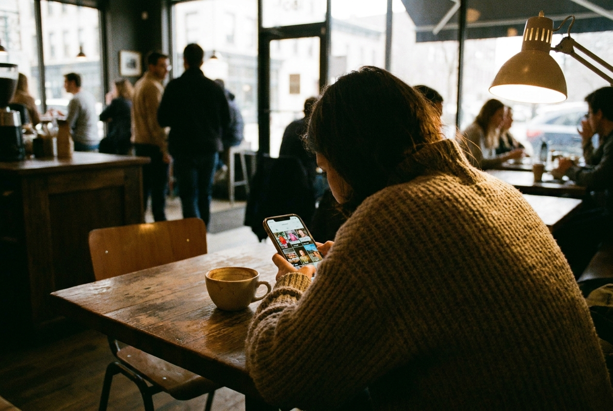 alt text for a musician looking at a phone showing YouTube with various music video thumbnails, each displaying large view count numbers, in a coffee shop setting