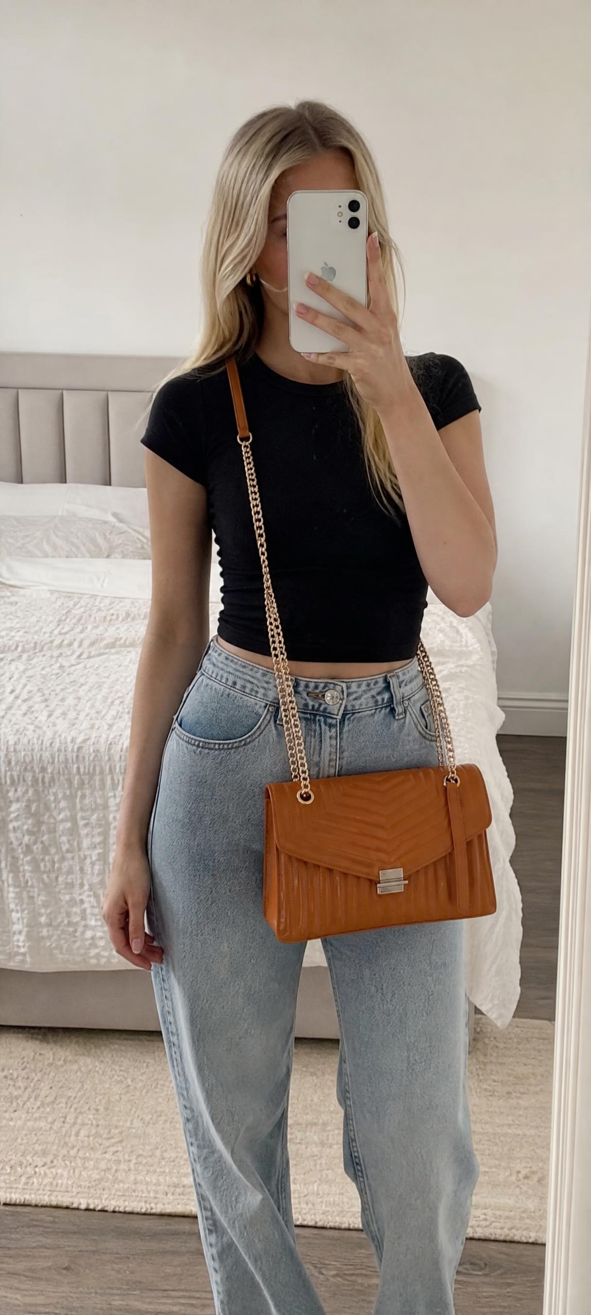 Cortefiel caramel quilted shoulder bag with chain strap