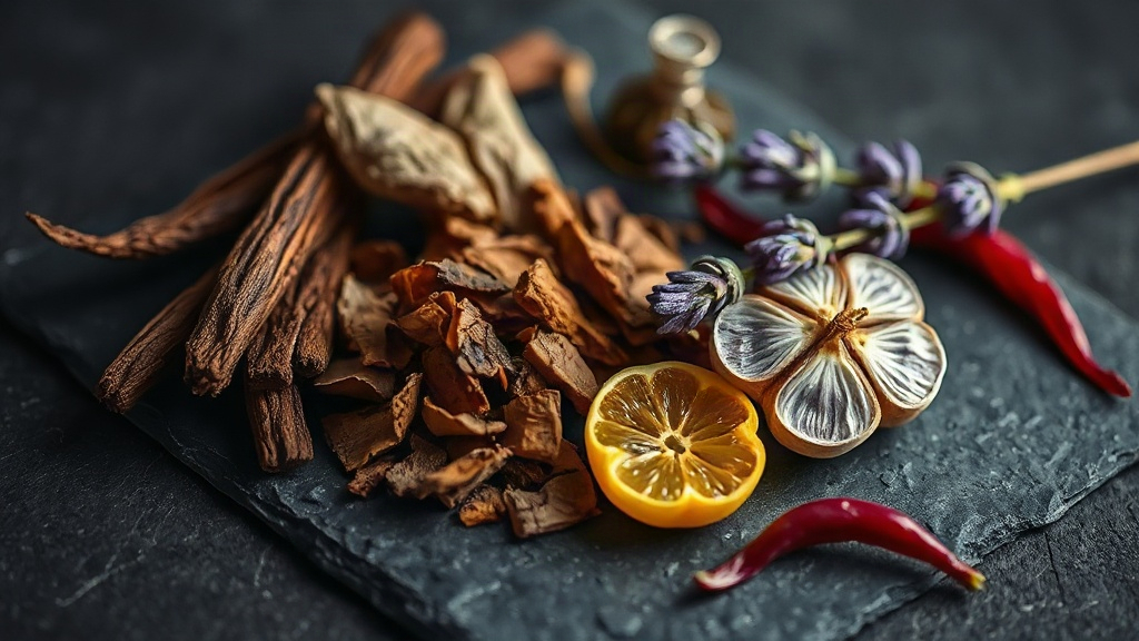 Artistic macro still life of perfume ingredients arranged on dark slate, vanilla pods, tobacco leaves, oud wood chips, l