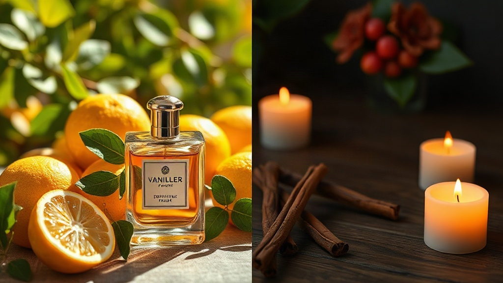 Split scene concept photo showing two perfume bottles, one surrounded by fresh citrus fruits and green leaves in bright 