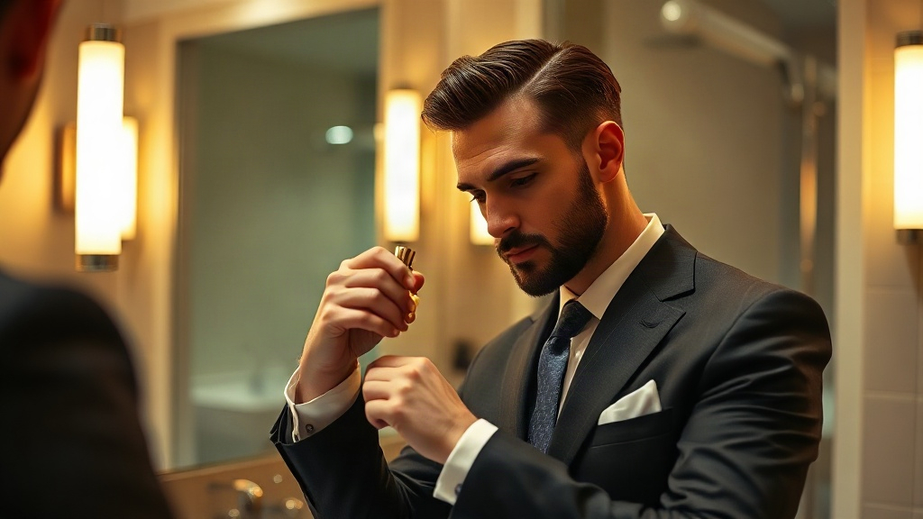 A stylish man in a tailored dark suit spraying perfume on his wrist in front of a mirror, warm ambient light, luxury bat
