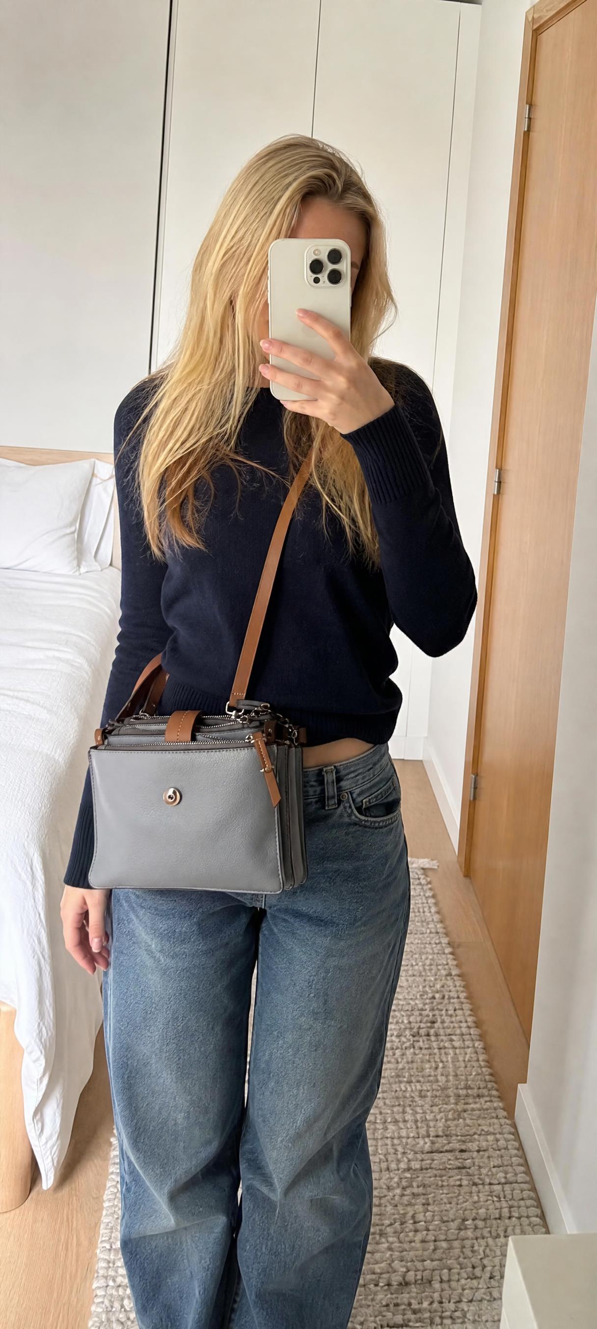 Grey faux leather multi-compartment shoulder bag with tan trim