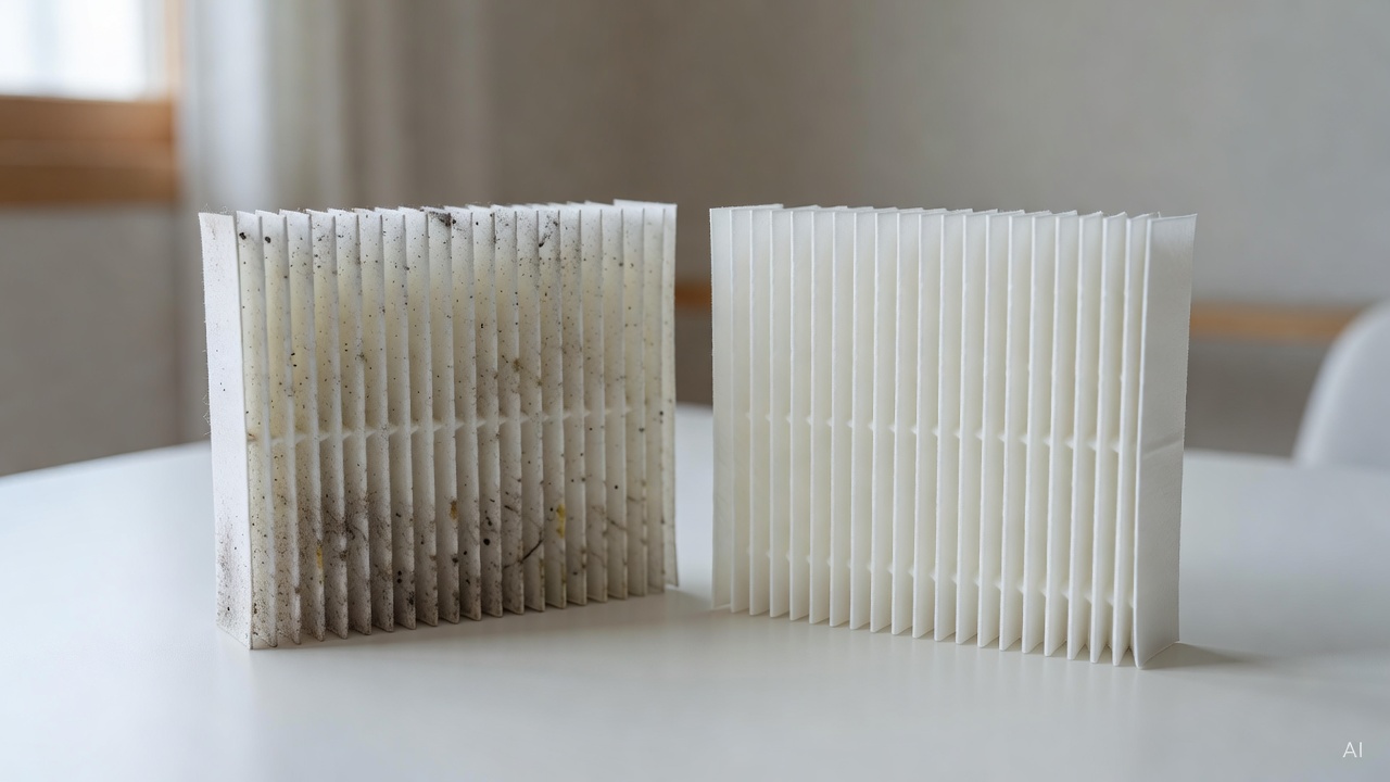 close-up of a dirty HEPA filter and a new clean HEPA filter placed side by side on a white table