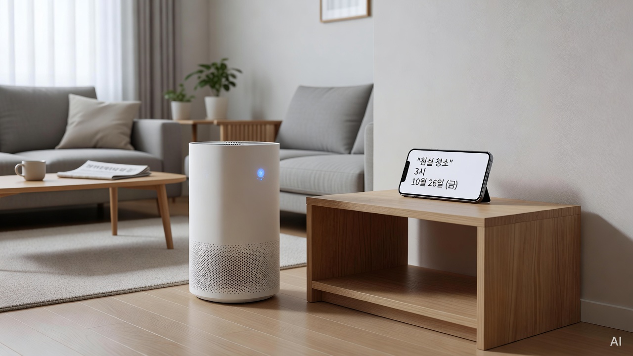 air purifier placed in a living room corner with a smartphone showing a calendar reminder on the table beside it