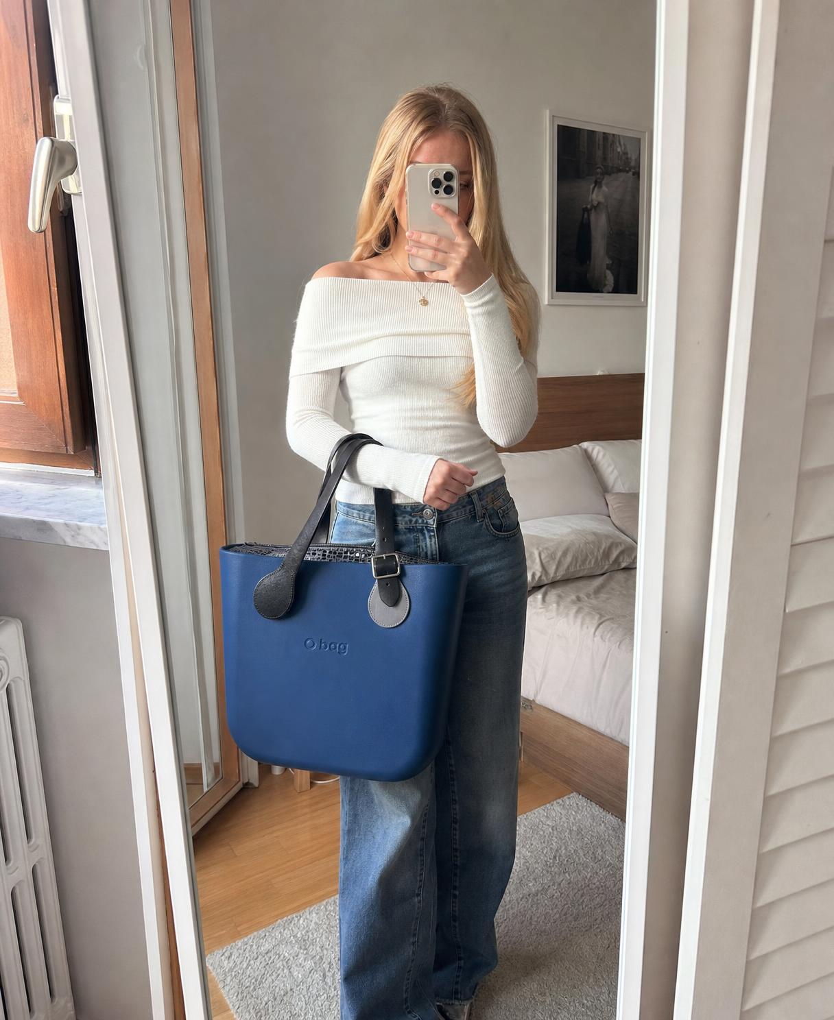 b.bag Blue Structured Tote Bag with Black Handles
