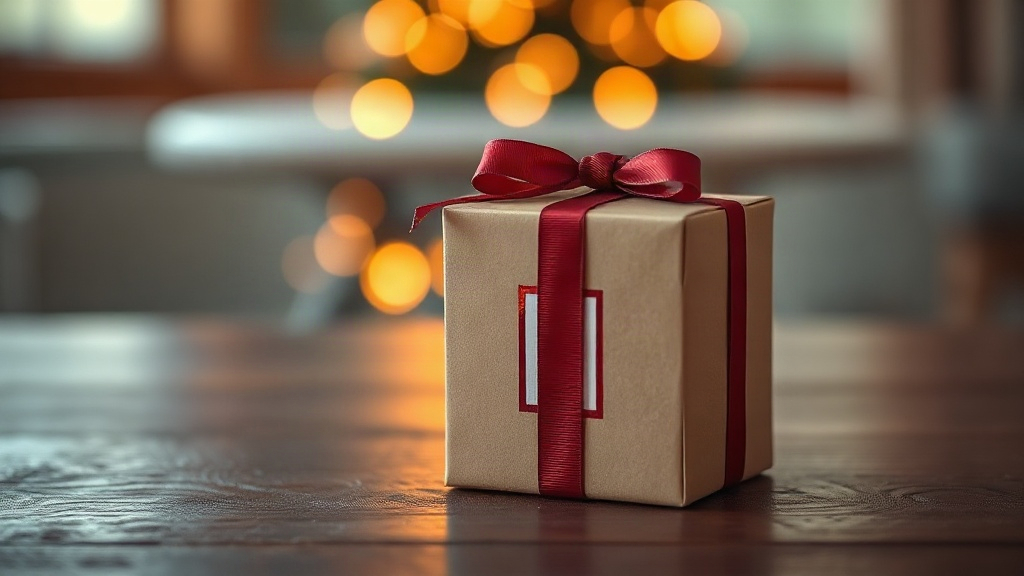 Elegant gift-wrapped perfume box with a ribbon on a wooden table, warm ambient lighting, no text