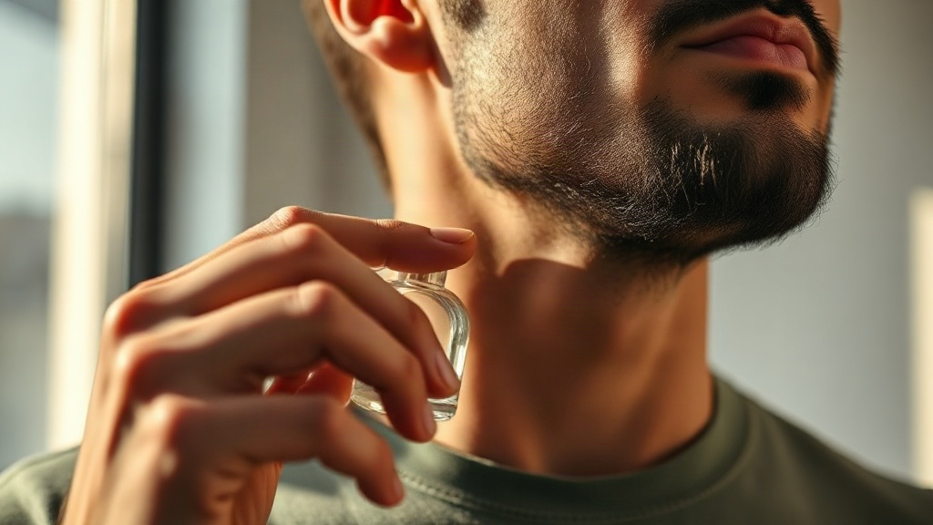 Close-up lifestyle photo of a stylish man applying cologne to his neck in soft morning light, no text