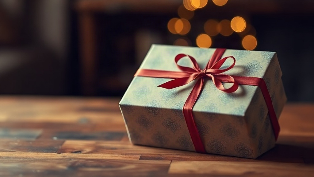 A beautifully gift-wrapped men's perfume box with a ribbon on a wooden table, soft warm light, no text