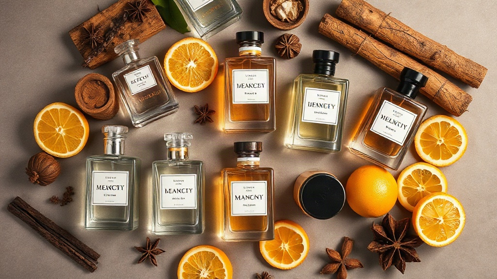 A stylish flat-lay of several men's perfume bottles with wood, citrus and spice elements arranged around them, warm stud