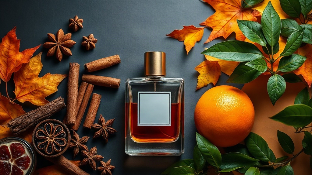 An elegant seasonal composition showing a men's perfume bottle surrounded by autumn leaves and warm spices on one side a