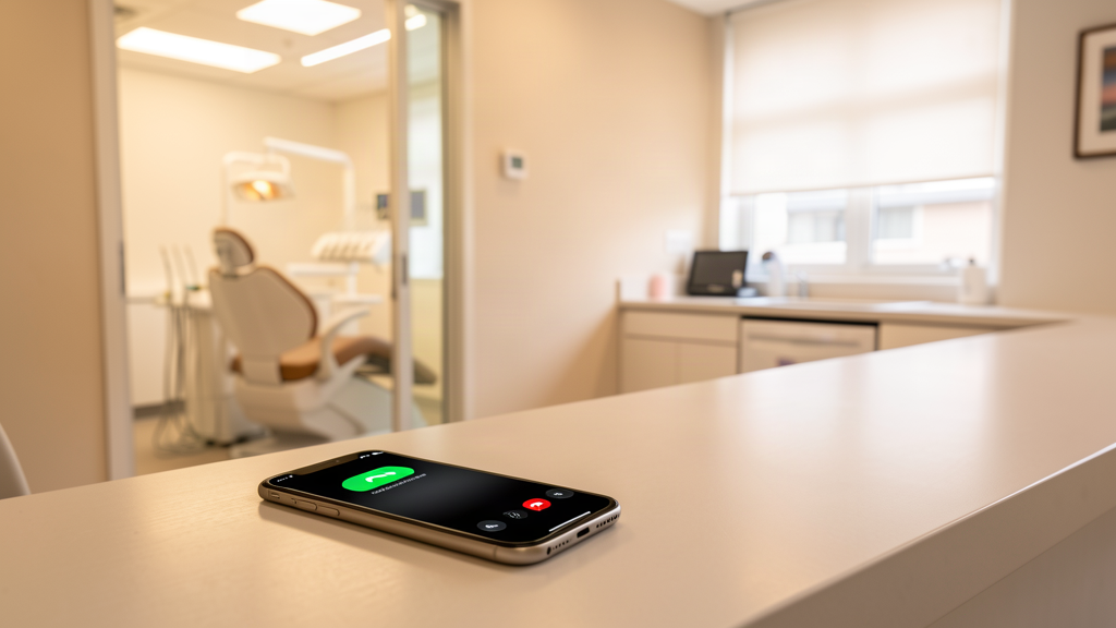 A modern dental practice reception desk with a ringing phone in the foreground, a clean treatment room visible in the background, conveying the reality of appointment requests that come in after the front desk closes, no text