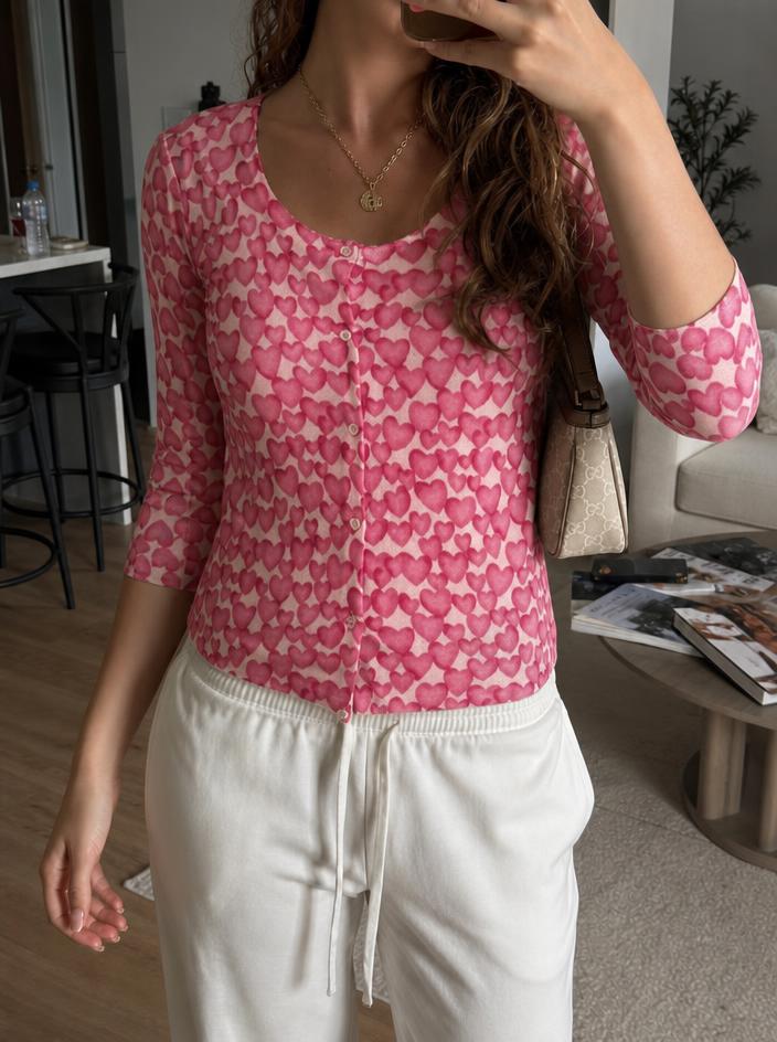 Pink Heart Print Button-Front Tunic Top